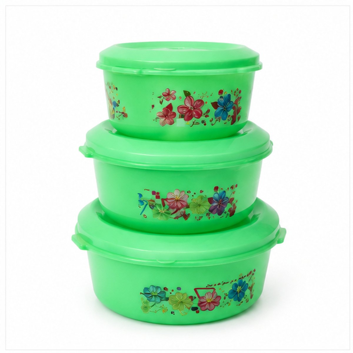 Green Floral Round Storage Container Set of 3