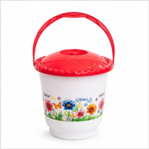 White Floral Plastic Bucket with Red Lid and Handle