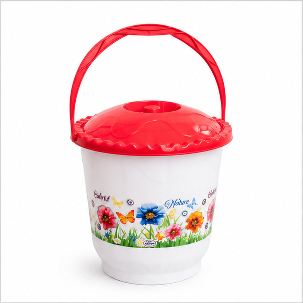White Floral Plastic Bucket with Red Lid and Handle - Image 2