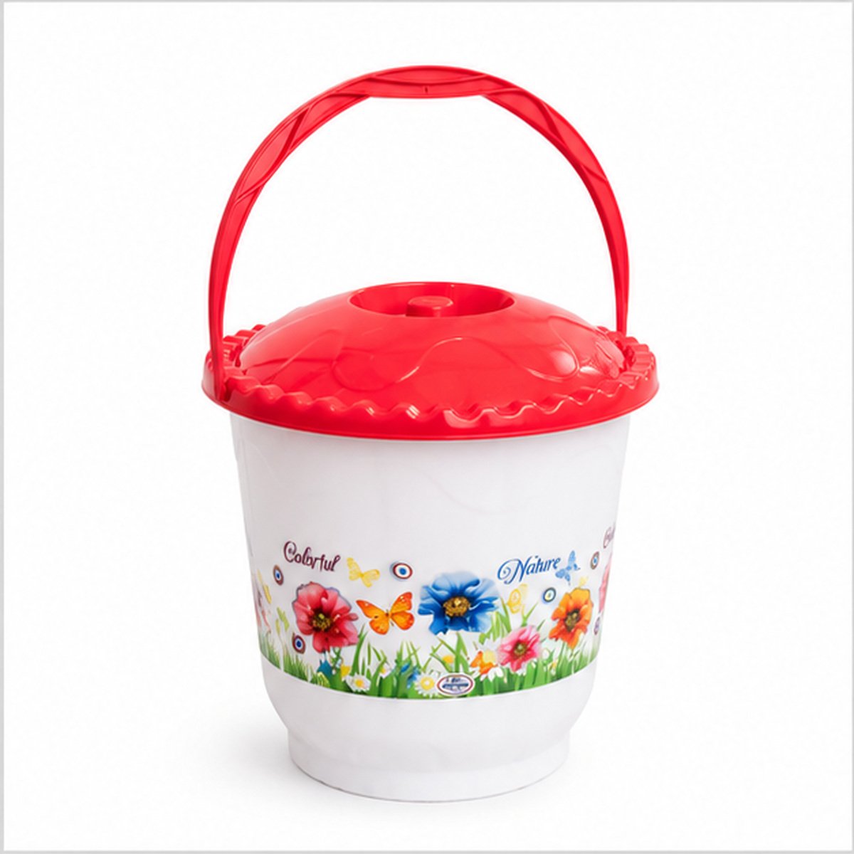 White Floral Plastic Bucket with Red Lid and Handle - Image 3