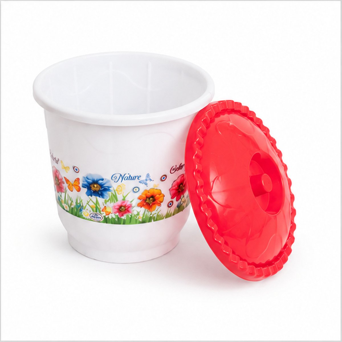 White Floral Plastic Bucket with Red Lid and Handle - Image 4