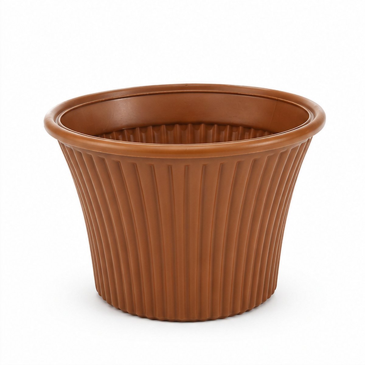 Brown Ribbed Plastic Flower Pot - Image 2