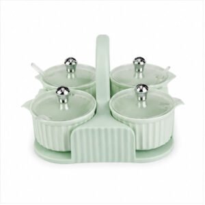 Green Condiment Jar Set with Stand - 4 Jars