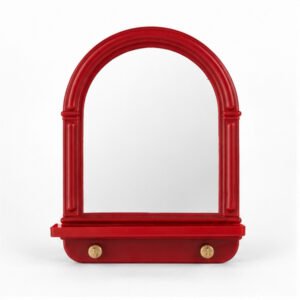 Arched Wall Mirror with Shelf and Hooks - Red