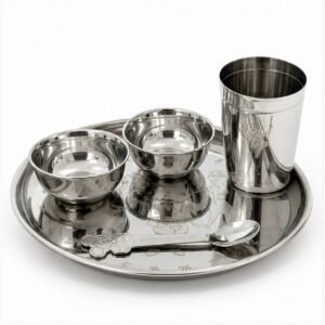 Rishabh Gold Stainless Steel Baby and Kids Dinner Set, with Motu Patlu Permanent Laser Dinner Set