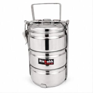 Rishabh Gold Stainless Steel Food Grade Pyramid Shape Tiffin, Clip Lock for Office College 3 Containers Stainless Steel Office Lunch Box