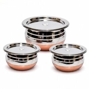 Rishabh Gold Copper Bottom Stainless Steel Handi Set 3 Pieces Pot Set with Lid, (Premium Quality) Size 1.0 L, 1.5 L, 2.0 L Handi 1 L, 1.5 L, 2 L with Lid