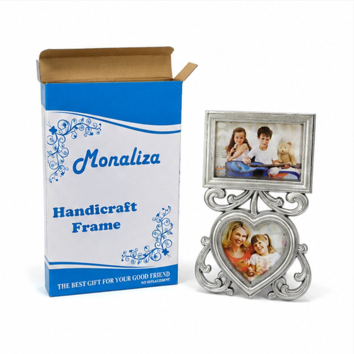 Silver Ornate Rectangle & Heart Double Photo Frame - Image 3